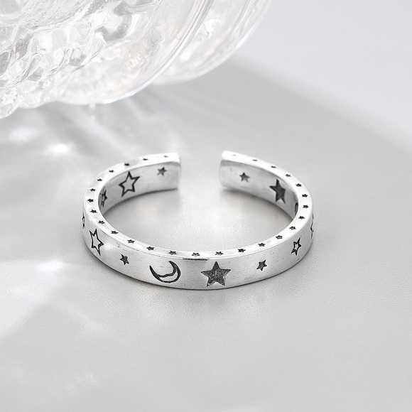 Celestial ring, Starry ring, silver stacking ring,moon and star ring, - Picture 2 of 7